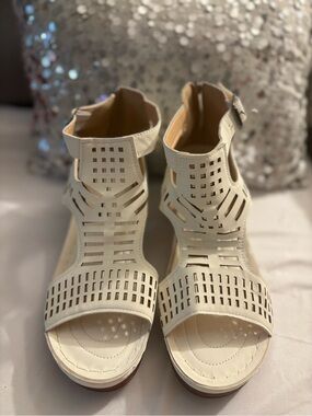 Women's Cream Laser-Cut Ankle Strap Wedge Sandals